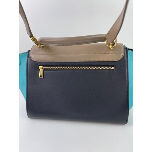 CELINE Trapeze Black Turquoise Teal Taupe Tricolor Leather 2 Handle Strap ITALY - Picture 8 of 16